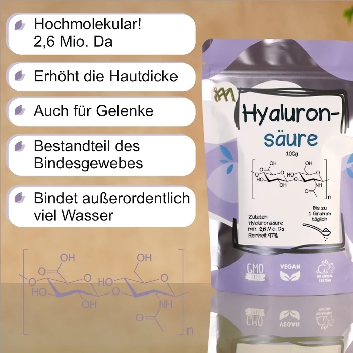 Hochmolekulare Hyaluronsäure Infografik Infografik mit den wichtigsten Eigenschaften und Vorteilen von hochmolekularer Hyaluronsäure als Pulver und Kapseln.
