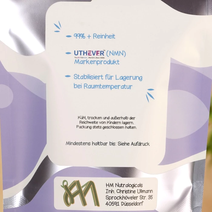 NMN Produktverpackung mit Rückseite und Angaben zum Inhalt.